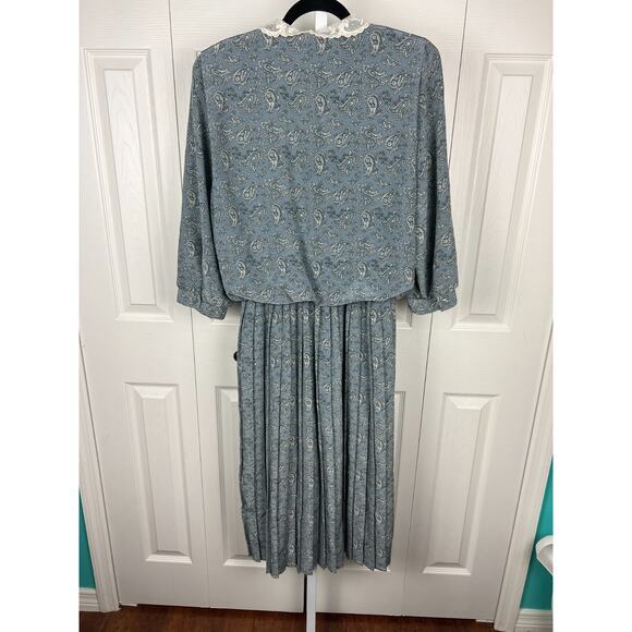 Vintage REO Original Blue White Paisley Lace Collar Secretary Dress 80s Size 14 - Picture 8 of 12